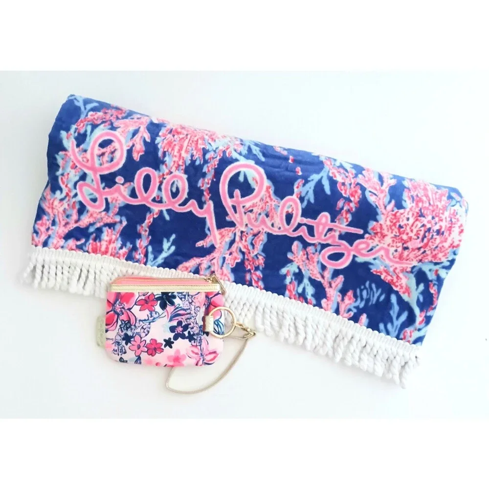 NEW Lilly Pulitzer Velour Beach Towel / Wristlet Set Borealis Blue Swim 30X60